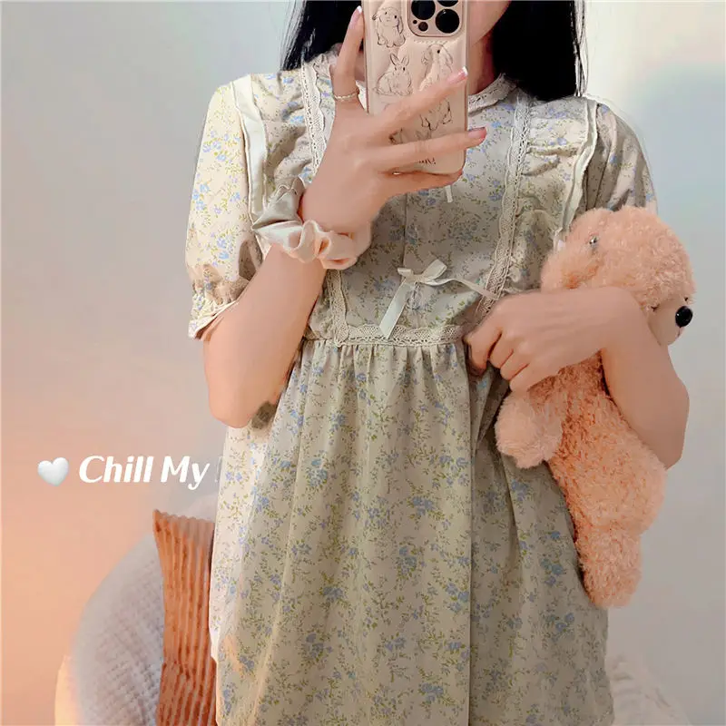 Floral Print Sleepwear Womens Vintage Nightgown Korean Ruffles Short Sleeve Night Dress One Piece Pajama Summer Lace Home Wear