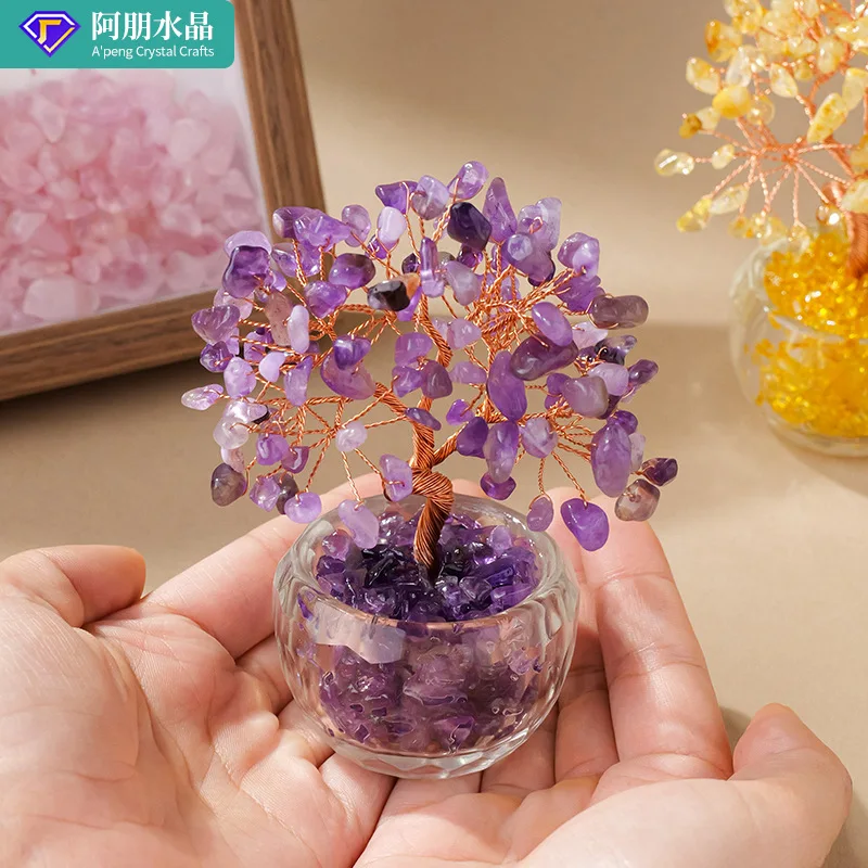 Rock Crystal Gravel Topaz Wealth Tree Glass Cornucopia Base Crystal Tree Home Office Lucky Ornaments Living Room Decoration