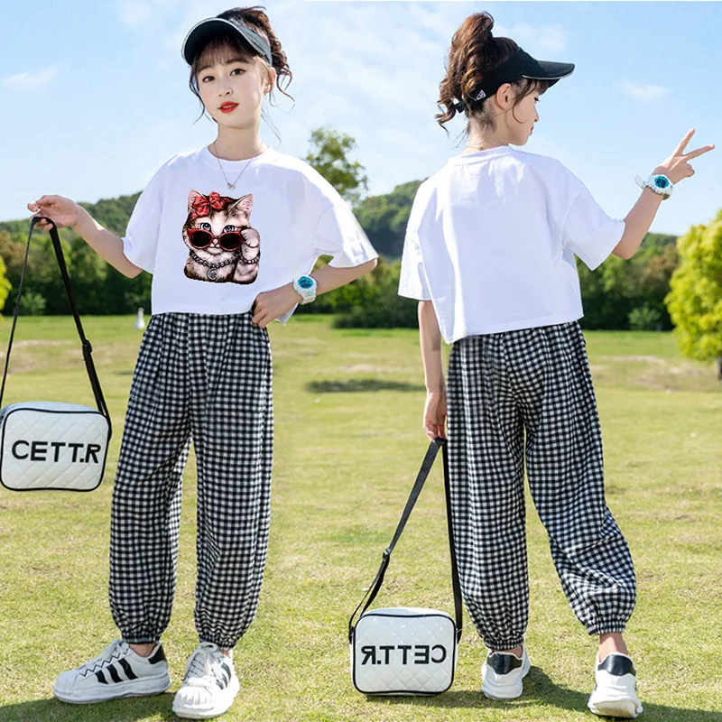 

2pc 2024 autumn spring Kids white Children set Girls Clothes short cat T-Shirt + ankle-tie plaid Pants Teens 5 6 7 10 11 12 year