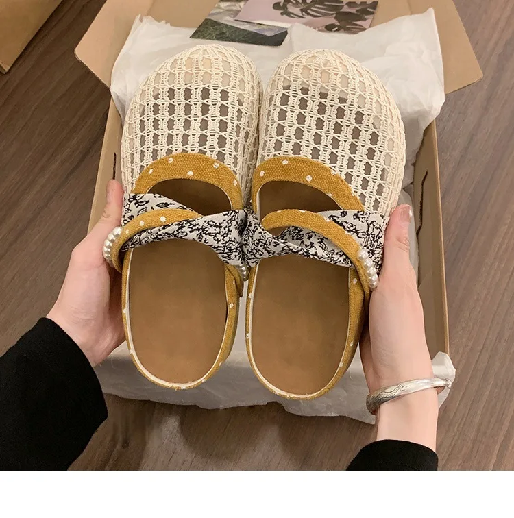 Atmungsaktive Mesh-Halbpantoffeln für Damen, Französische Polka-Dot-Perlen-Slip-On-Slides, Weiche Sohle, Geschlossene Zehenpartie, Geeignet für Breite Füße – Detail 23