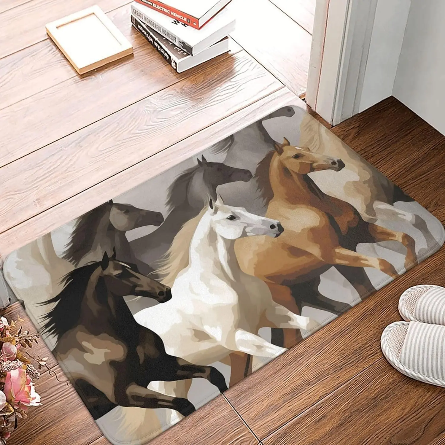 Galloping Horse Herd Door Mat, Wild Stallion Animal Floor Mat Dynamic Equine Art Entrance Rug Non-slip Washable Living Room Home