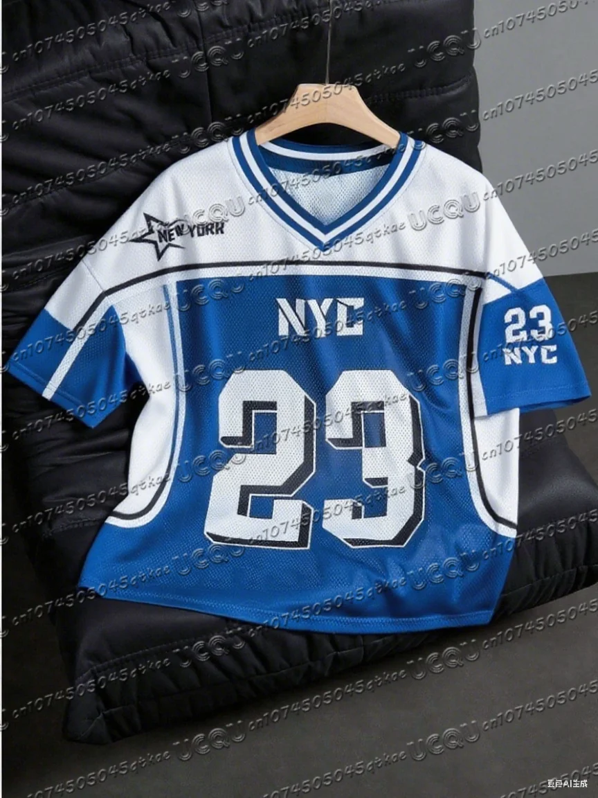 Women's V-Neck Sporty Jersey T-Shirt NEW YORK Print & NO.23 Summer Casual Wear Sports Dropped Shoulder Mesh T-shirt Tops