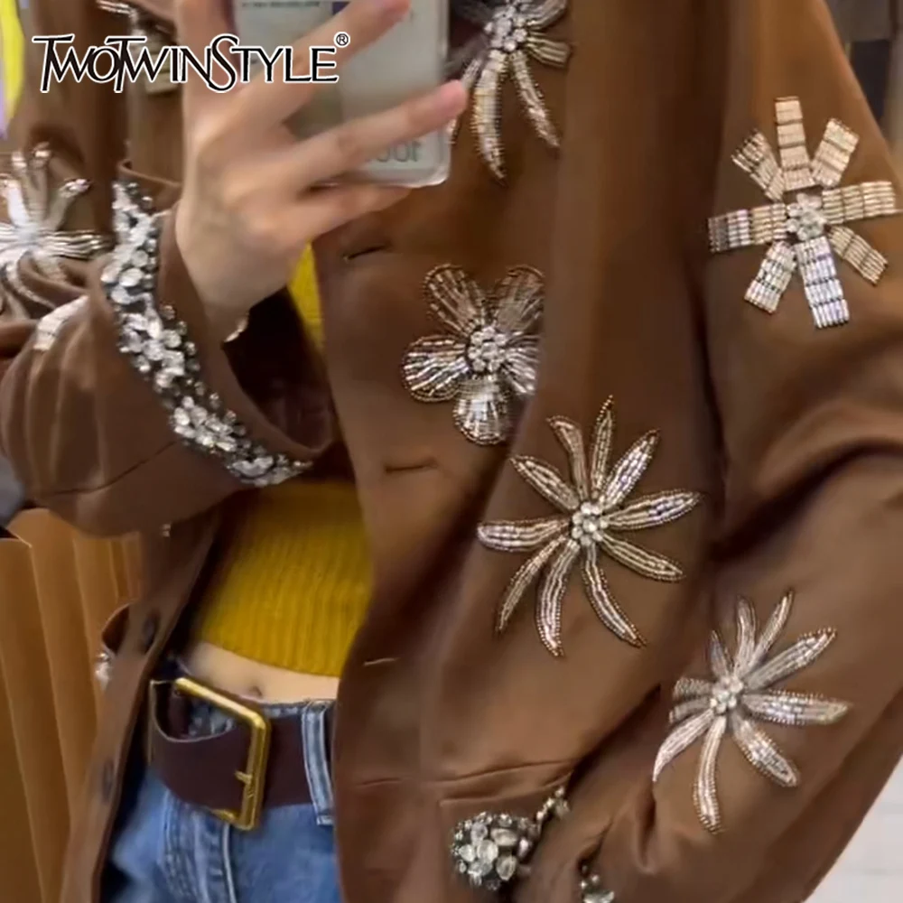 

TWOTWINSTYLE Coffee Spliced Diamonds Chic Jacket Female Lapel Long Sleeve Loose Vintage Literary Women's Jackets Autumn Fashion