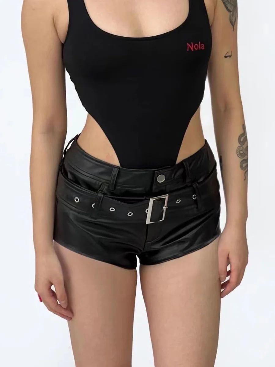 Hotsweet เอวสูง 2000S สีดํา Sheath SLIM FIT Y2K PU กางเกงขาสั้นผู้หญิงแฟชั่นสบายๆเซ็กซี่ Street Harajuku สไตล์กางเกงขาสั้น