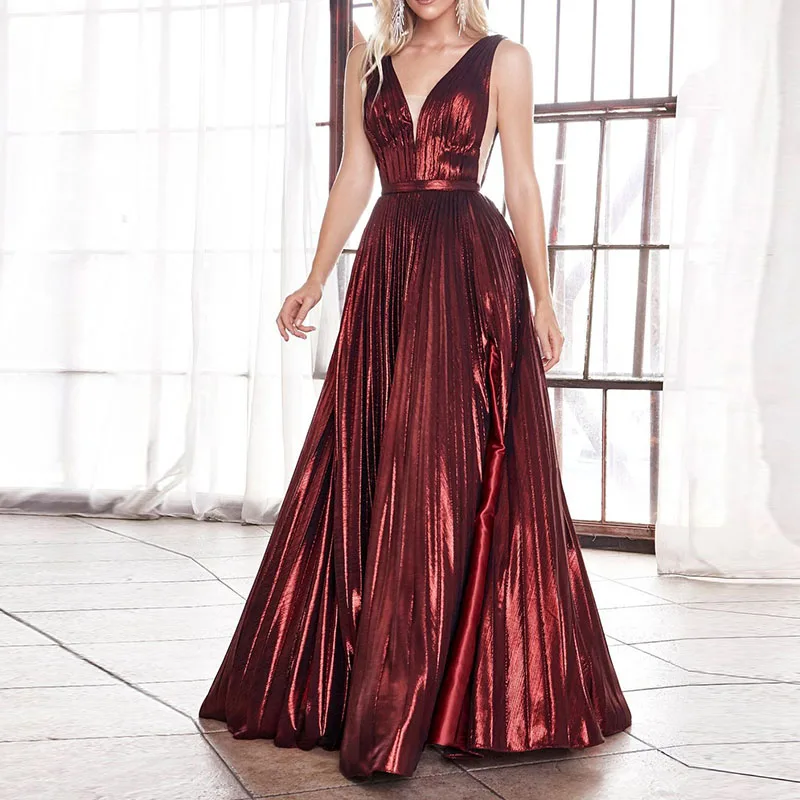 

Fashion Backless Split Evening Dresses Sexy Solid Color Deep V Neck Slim Dress Summer Sleeveless High Waist Pleated Party Dress
