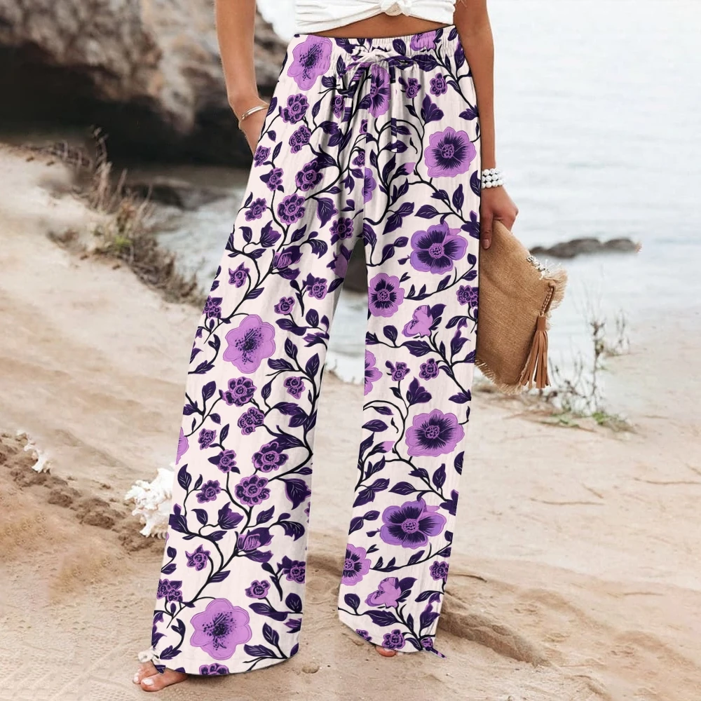 Purple Flower Print Drawstring Pants Womens Beach Trousers Wide-Leg With Vivid Blooms Straight Leg Pants Versatile Vacation Wear