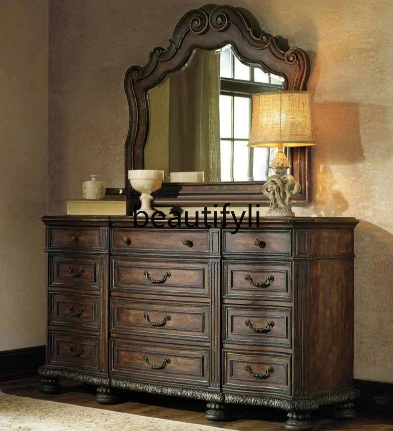 

American Country Style Solid Wood Dressing Table Bedroom Vintage Carved Mirror Dressing Table Multi-Drawer Storage Table