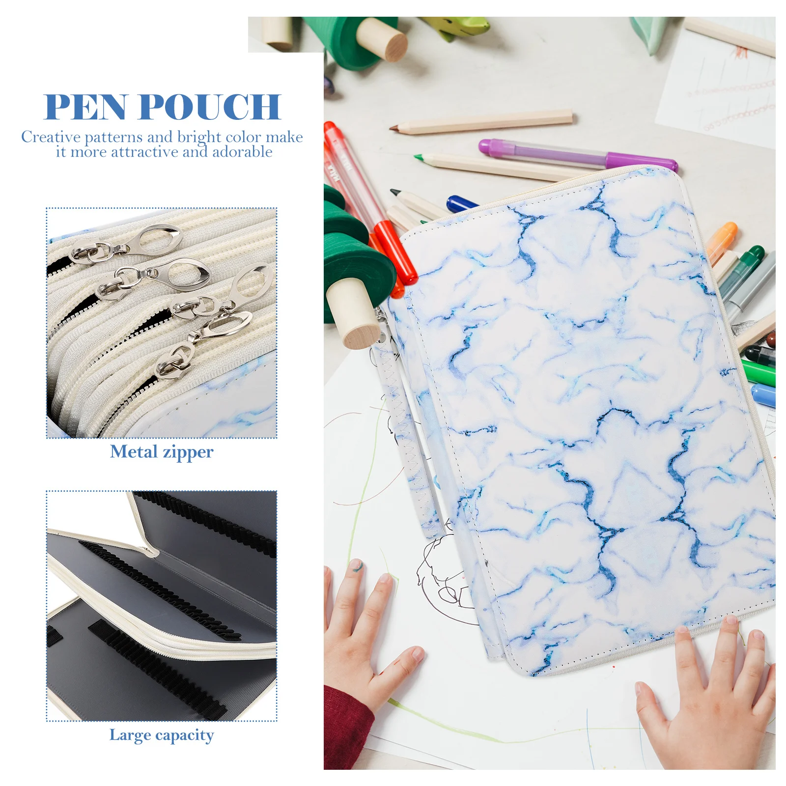 

1Pcs Pencil Bag Bright Color Marbling Design Portable Handle Large Capacity Zipper Stationery Pouch Drawing Pen Storage Bag