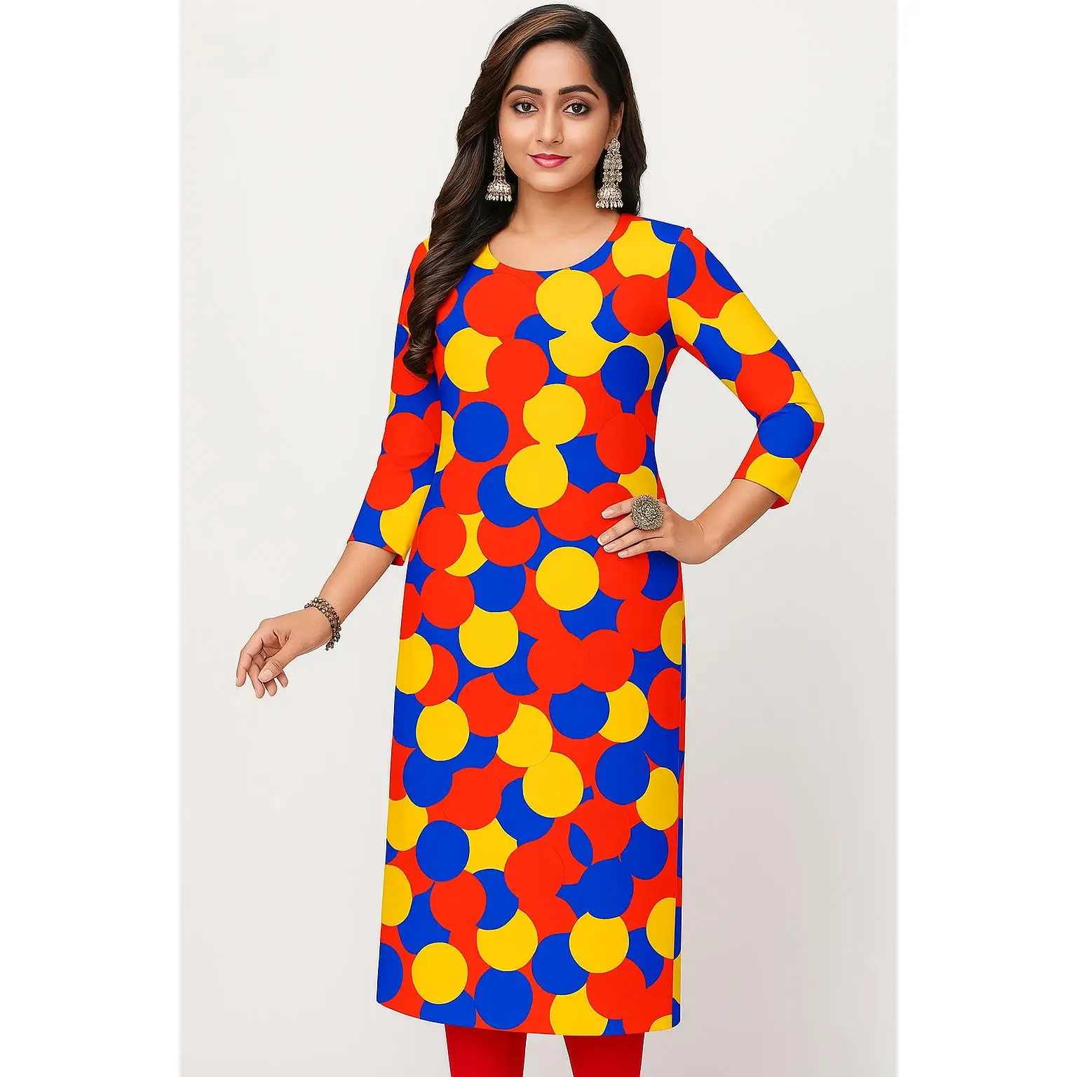 Dress kurt women's fashionable long sleeved straight tube casual round neck with bright patterns