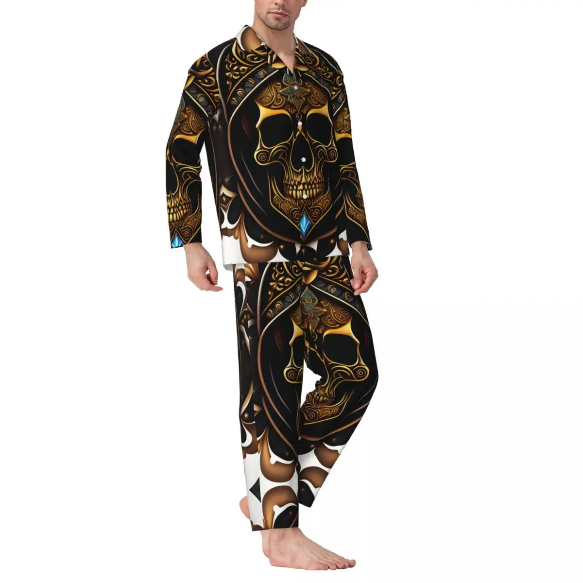 Men Pajamas Set of Autumn Winter Long-Sleeved Skul With Crown Diamond Home Clothing Sleepwear 2PCS/Set