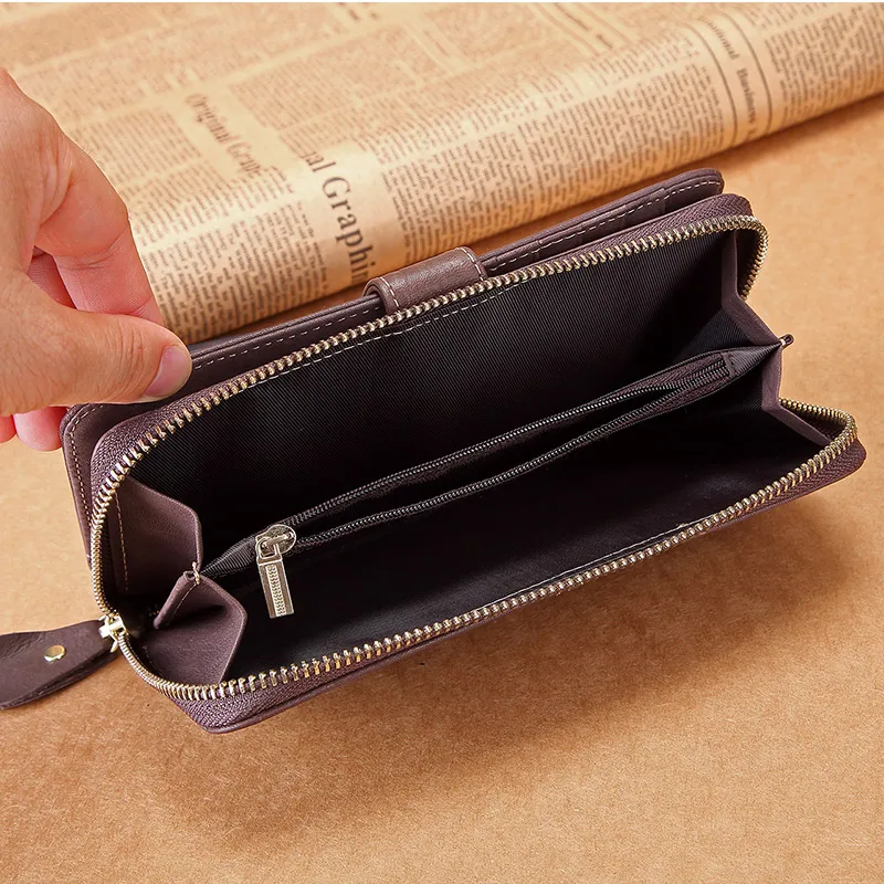 Grande pochette en cuir véritable pour femme, portefeuille à deux volets, long, sac à main en cuir véritable, fermeture éclair, porte-monnaie féminin