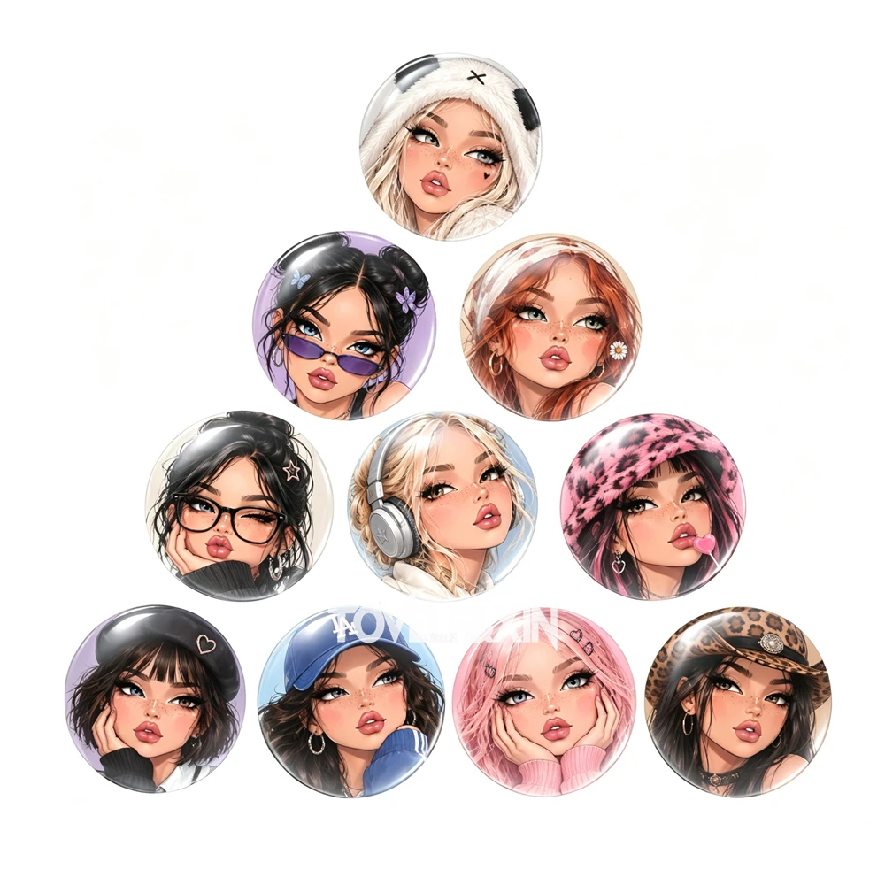 10Pcs Mixed Fashion Cartoon Girl Portrait Round Glass Cabochons Flatback Dome Photo Charms DIY Keychain Magnet Jewelry Making