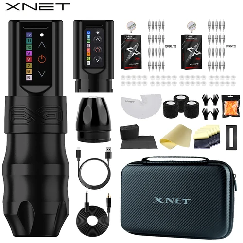 XNET EXO Kit de máquina de tatuaje inalámbrica con fuente de alimentación adicional de 2100 mAh 40 cartuchos de tatuaje mixtos para artistas de tatuajes