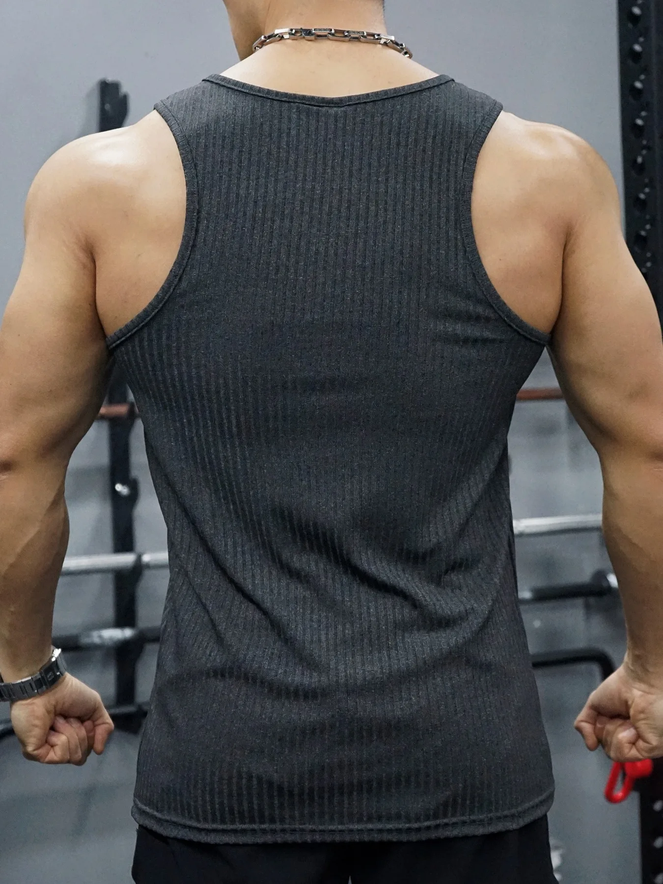 Summer Men's Pure Color Casual Vertical Stripe Round Collar Sleeveless Broad Shoulder Vest Men's Slim Fit Quick-Drying Tank Tops
