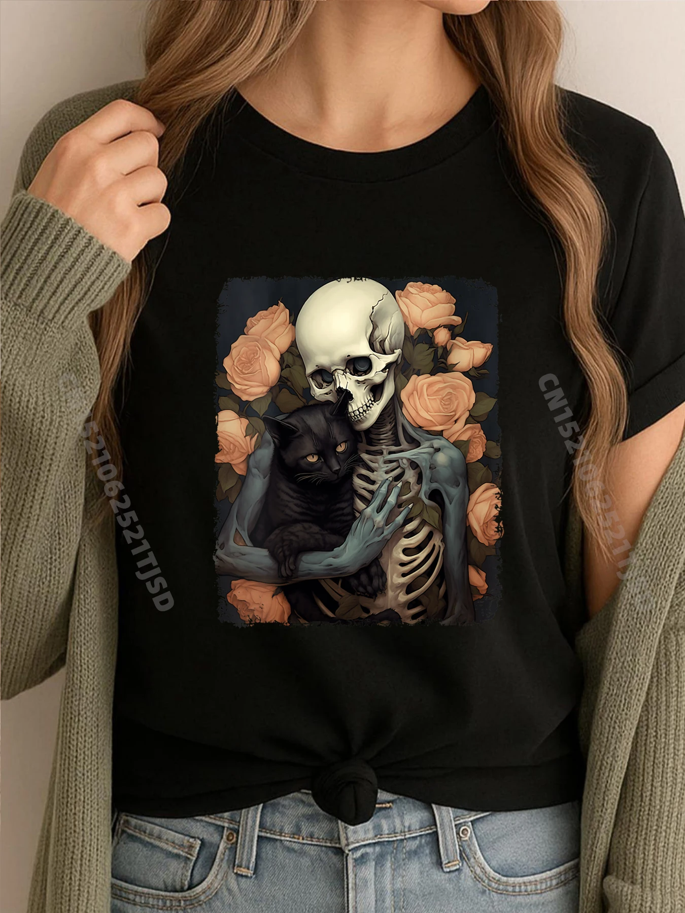 

Женская винтажная черная рубашка со скелетом в виде кота на Хэллоуин, готическая готическая черная рубашка, футболки с рисунком, футболка с короткими рукавами, пасхальное воскресенье