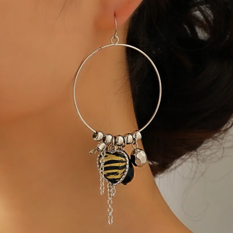 Pendientes de aro de Metal Retro para mujer, argolla creativa de varios elementos, cadena de lazo, patrón de cebra, joyería Bohemia, venta al por mayor