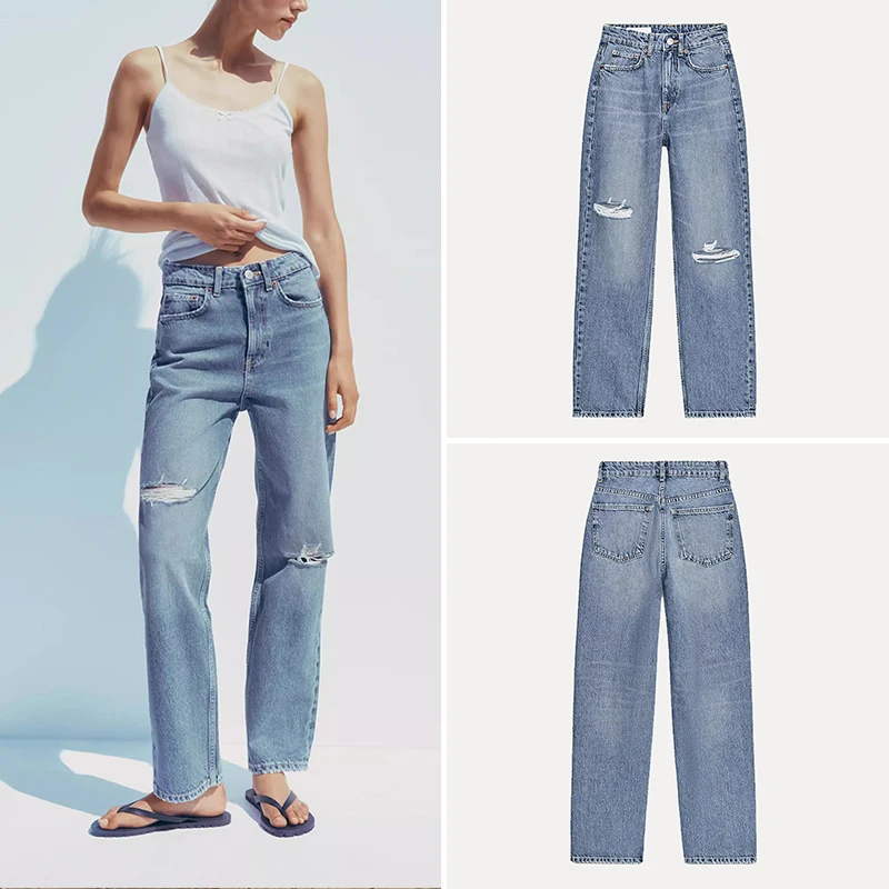 

Comfortable Loose Women's Jeans High Waist Decorative Hole Summer 2025 Casual Straight Leg Pants Wide Leg Zipper Style
