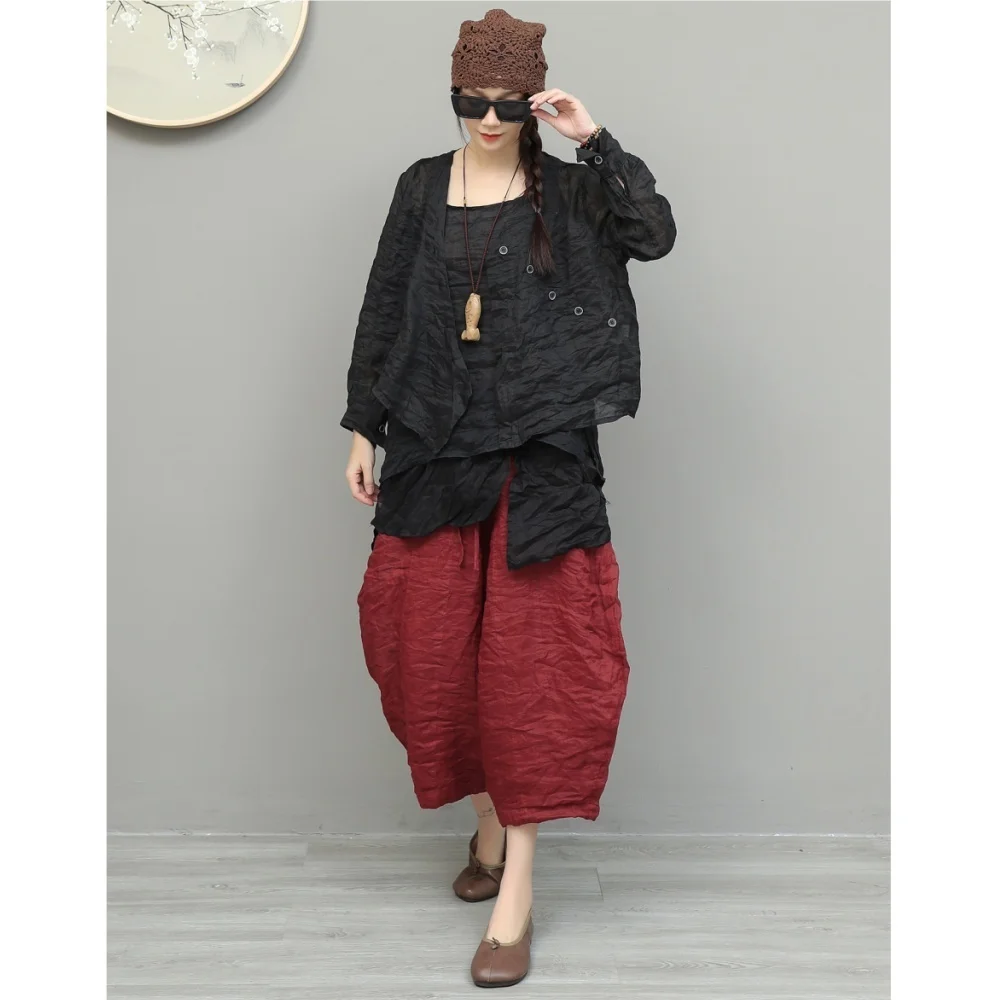 

Women Summer Casual Suit Lightweight Ramie V-Neck Irregular Short Jacket + Loose Wide-Leg Pants Two-Piece Set XY147