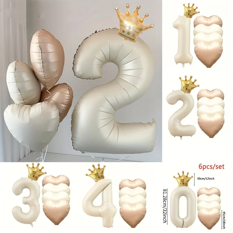 6 Stück 40 Zoll Gold Creme Weiß Zahlen-Folienballons Krone Herzförmiger Ballon 0-9 Jahres Geburtstagsfeier Dekoration Geschenk