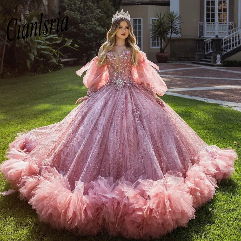 Розовые платья с открытыми плечами для Quinceanera бальное платье на день рождения блестящие платья На Шнуровке Для 15 Quinceañera