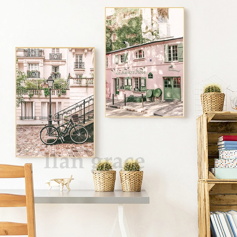 باريس جدار الفن يطبع ، قماش اللوحة ، الفرنسية مدينة الشارع مشهد ، الباستيل الوردي ، عاشق الهدايا ، مقهى