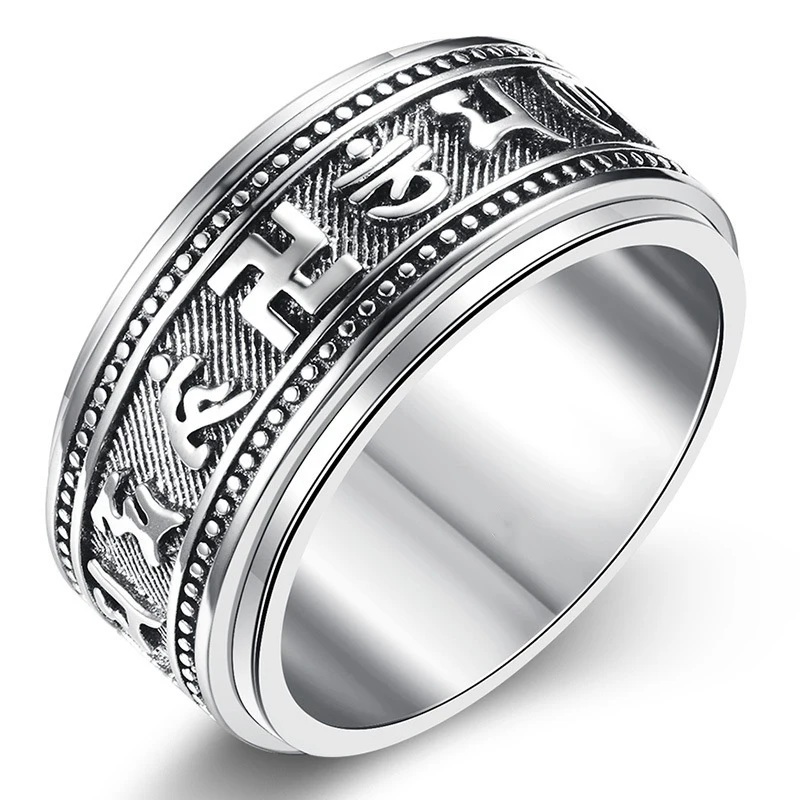 925 Thai Silver Craft Mens Rings Rotable Stereoscopic Embossed Design Glossy Six-character Mantra Domineering Vintage Jewelry