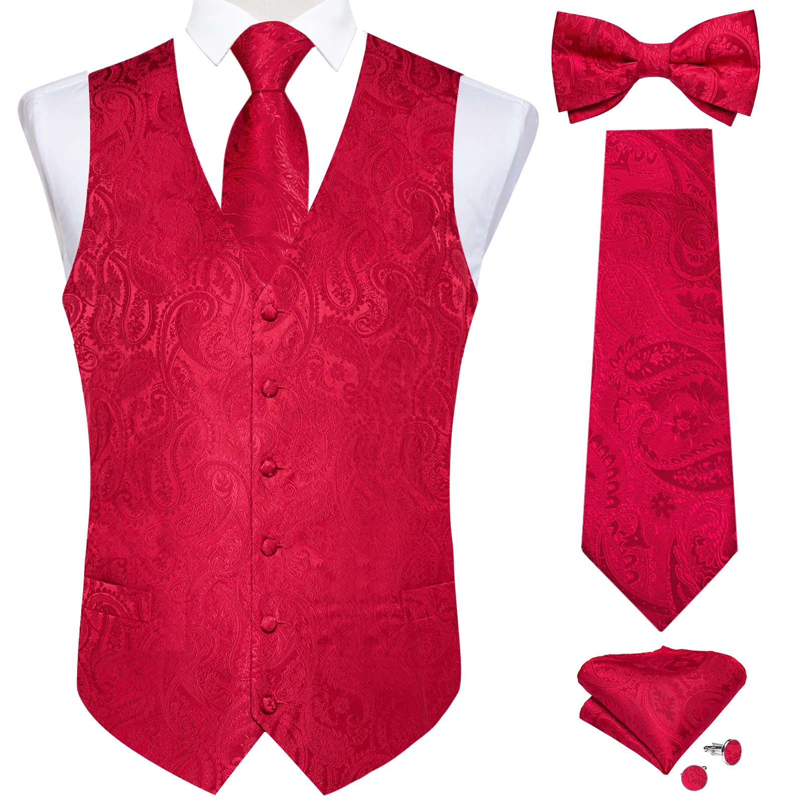 Wedding Red Paisley Vest for Man Groom Luxury Business Tie Bowtie Pocket Square Cufflinks Set Party Sleeveless Dress Waistcoat