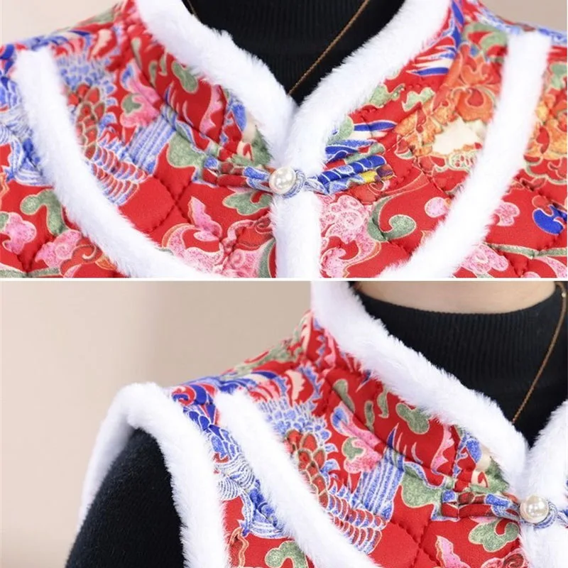 

Осень-зима 2025 г., бархатный жилет, модный жилет для пожилых женщин среднего возраста, жилет в китайском стиле, толстая теплая куртка с принтом, пальто