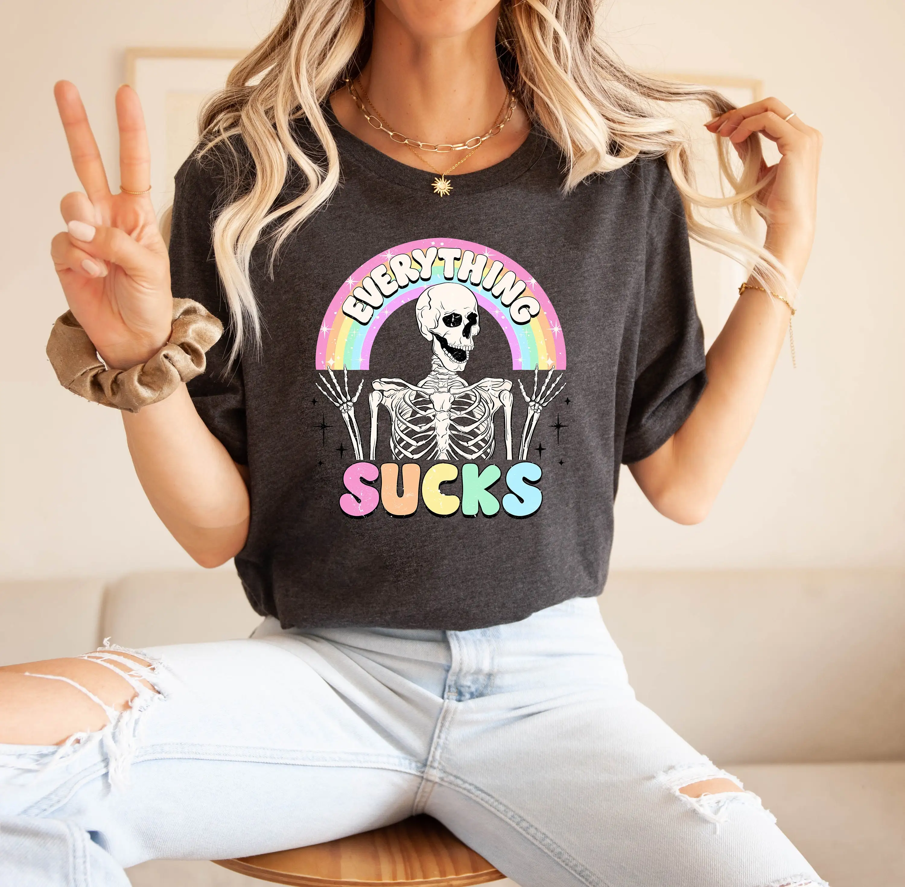 Everything Sucks T Shirt Skeleton Funny Mental Heath Sweat Ironic Sarcastic Trendy Adult Humor S