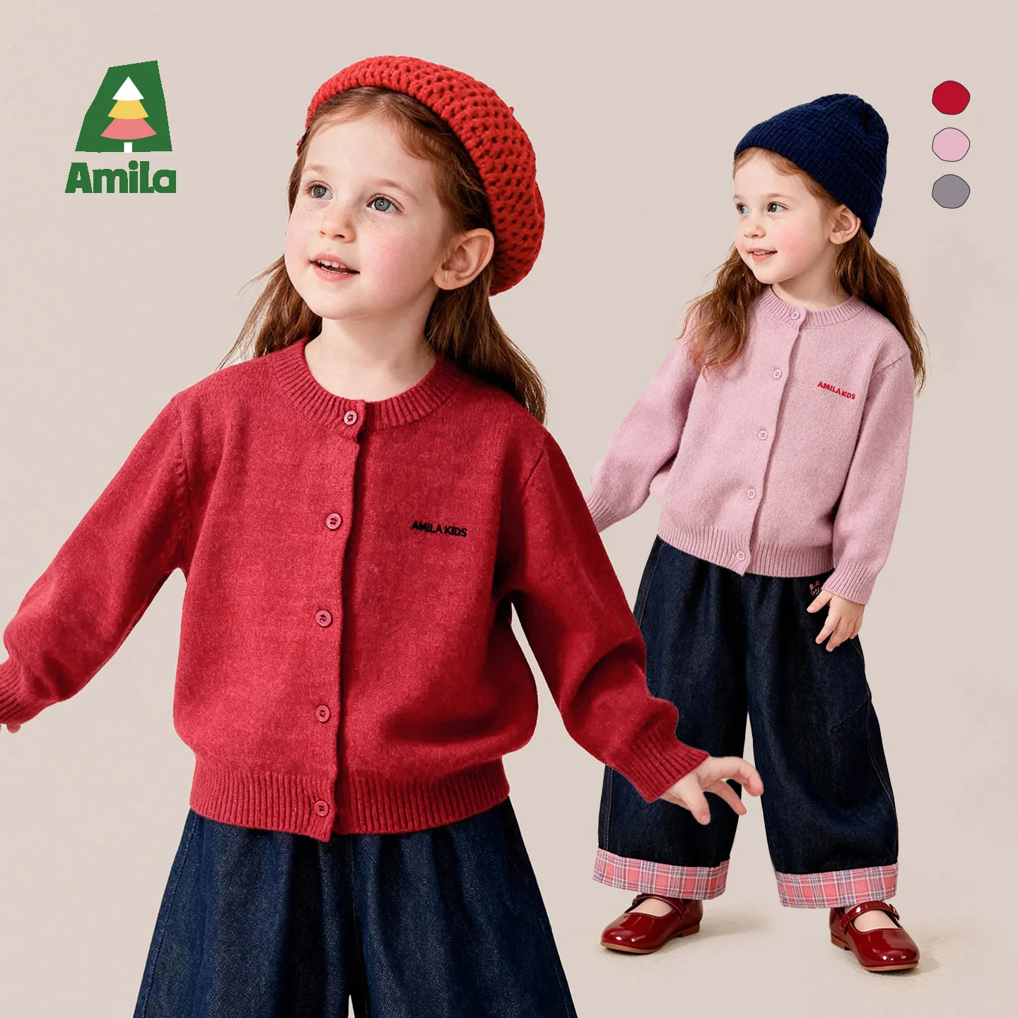 Amila 2026 Autumn New Kids Girls Sweater 3D Heart Patch Pocket Pastoral Sweet Style Soft Daily Casual Knitted Cardigan