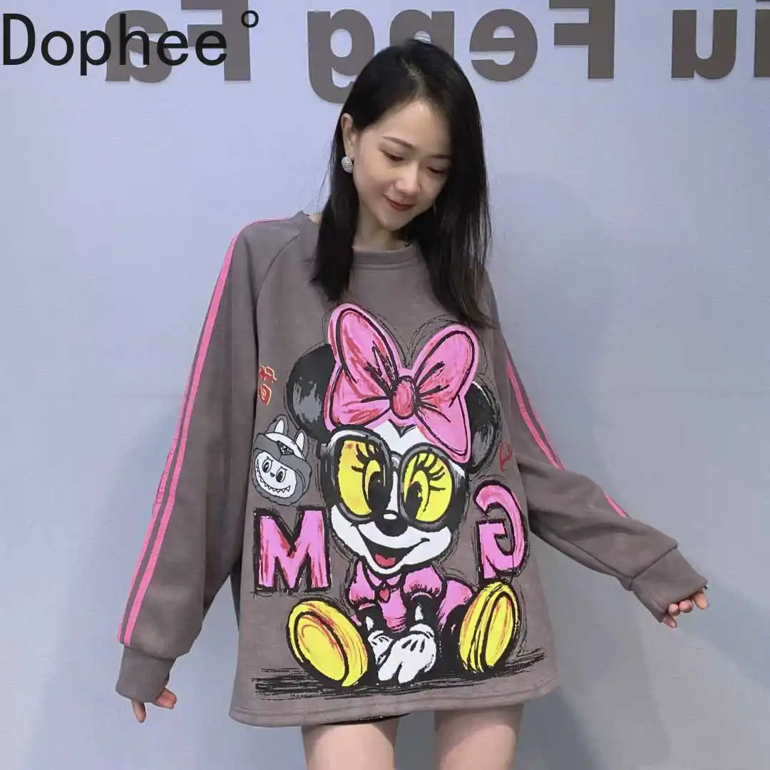 

Новый осенне-зимний пуловер с круглым вырезом, универсальный топ средней длины, толстовка с длинными рукавами и принтом Микки, повседневный женский хлопковый базовый топ