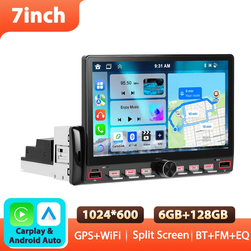 Podofo 7'' 1Din Android Autostereo 6+128G Multimedia Speler Carplay Android Auto EQ WIFI GPS FM/RDS Mirror Link BT USB Auto Audio - afbeelding 1