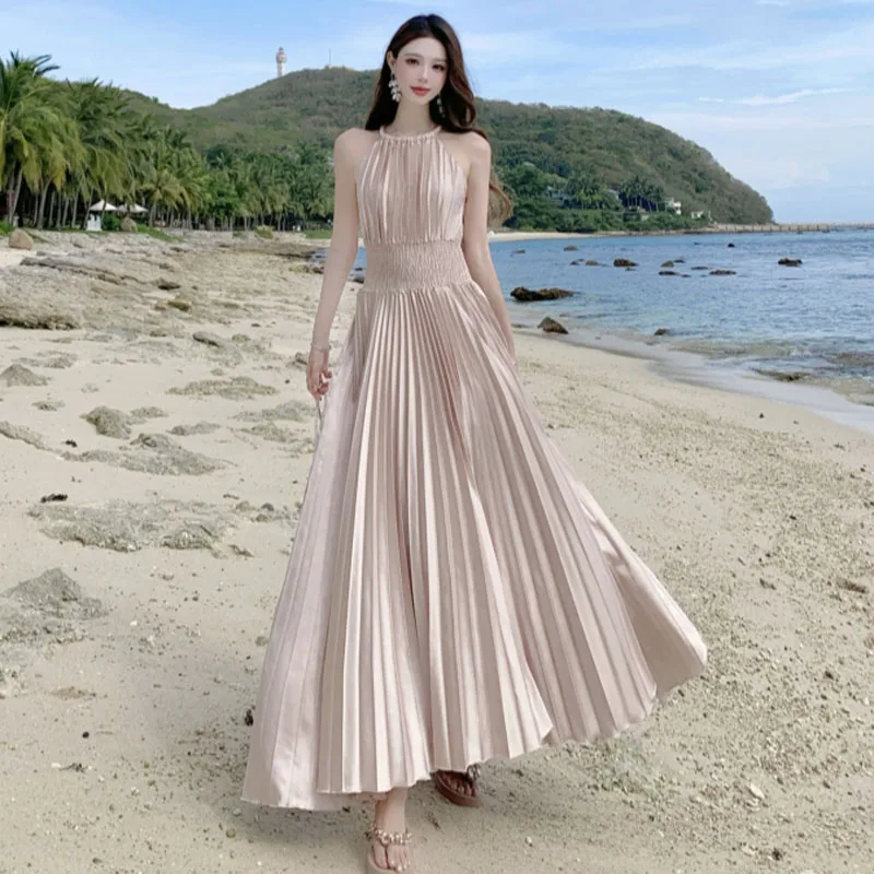 2025年新作 レディース バケーションワンピース セクシー オフショルダー スリムウエスト カジュアル エレガント ビーチ プリーツ ロングワンピース