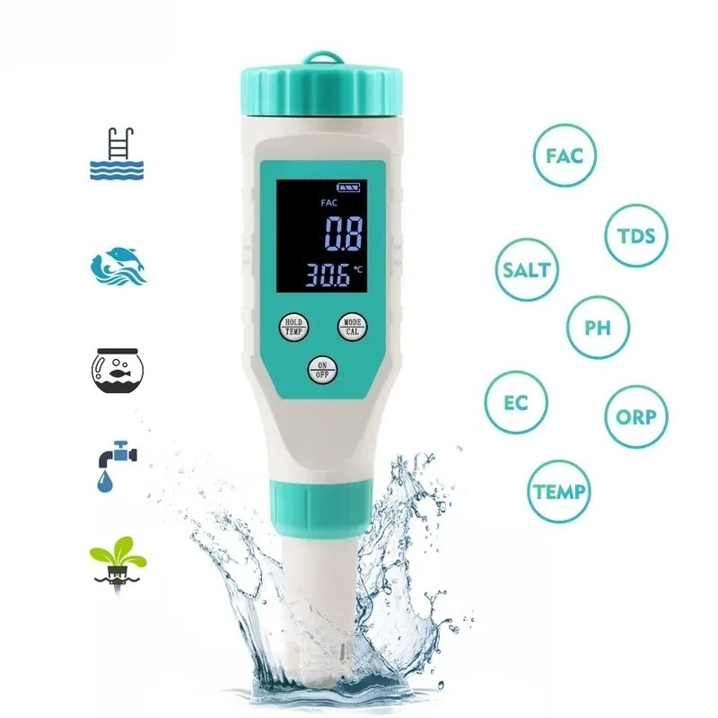 7 in 1 Digital Water Quality Tester pH TDS EC ORP Salinity Chlorine Temperature Meter for Pool Spa Marine Aquarium Drinking