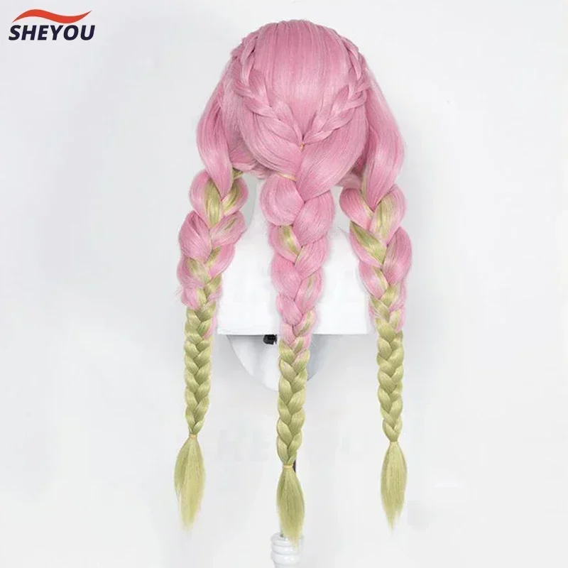 2025Halloween Anime Mitsuri Kanroji Cosplay Pruik Lange Roze Groene Vlecht Hittebestendig Haar Authentieke Cosplay