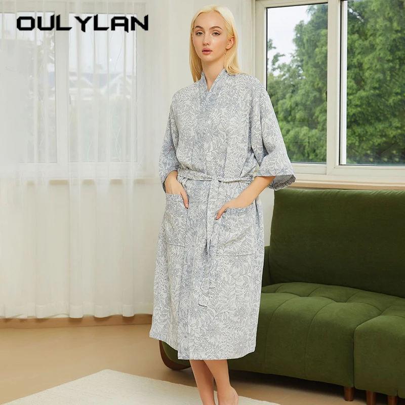 Cotton Printed Women Bathrobe Spring Multi Colors Pajamas Home Clothing Female Quick Drying Bathrobes Thin Night Robe With Belt