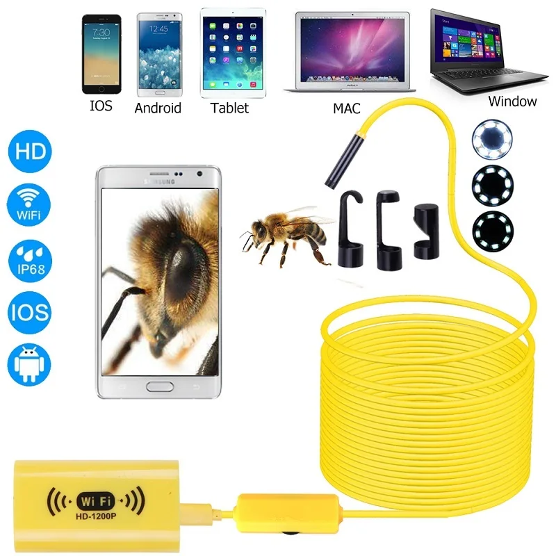 WiFi Industrial Endoscope 1200P HD Borescope Waterproof IP67 Snake Pipe Camera with 8 Led for iOS Android Smartphone