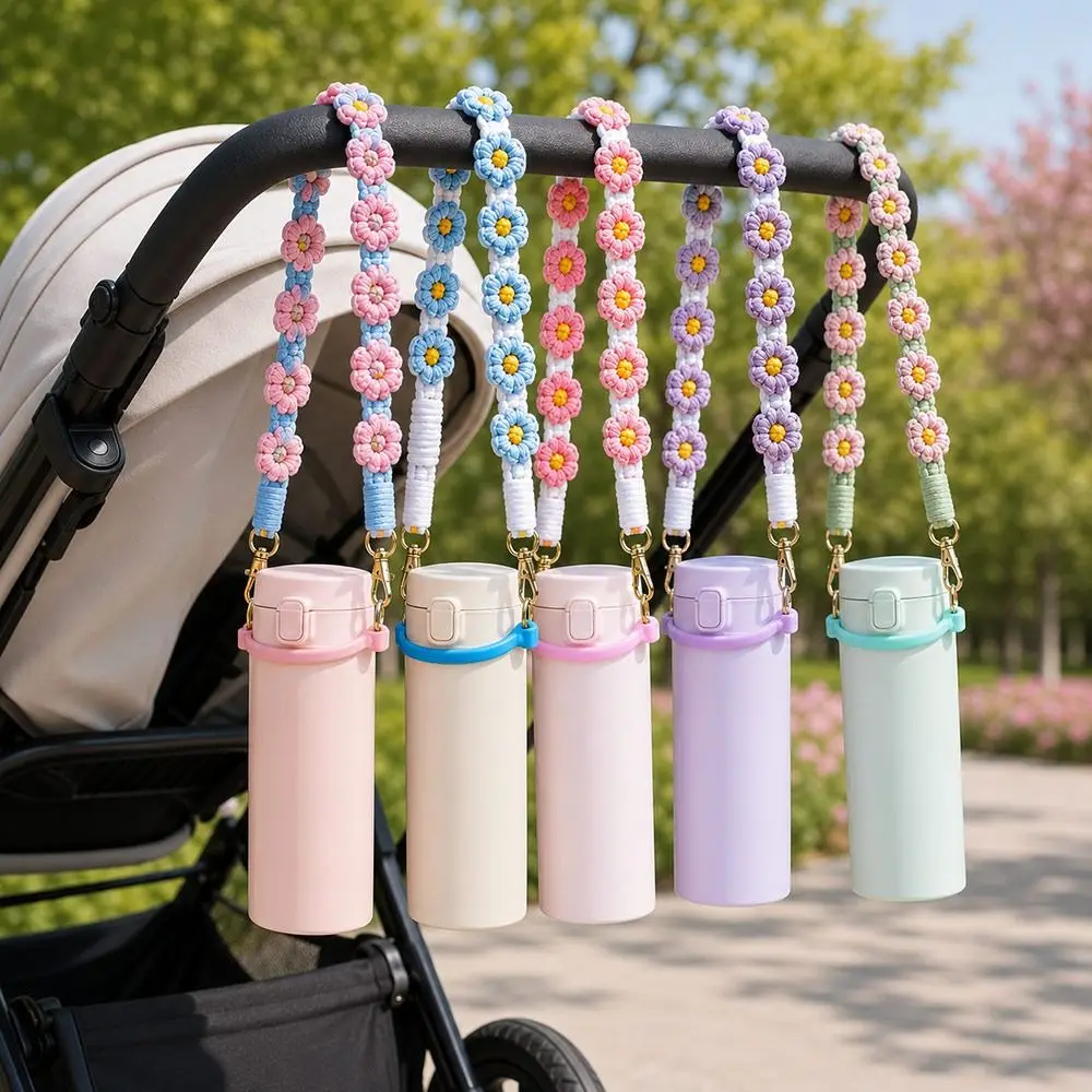 New Silicone Cup Holder Lanyard Polyester Crochet Daisy Flowers Cup Carrier Strap Water Bottle Strap Walking