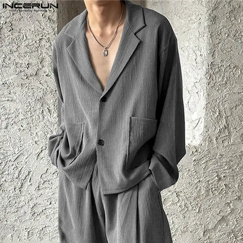 INCERUN Stylish New Men's Clothing Pleated Texture Suit Coats Casual Well Fitting Male Solid All-match Long Sleeved Blazer 2024