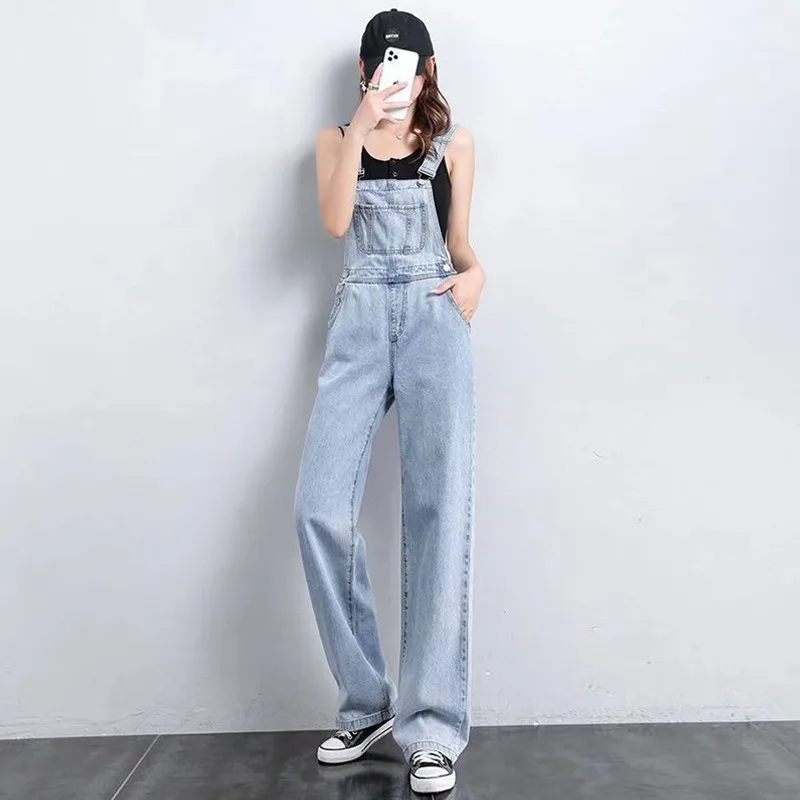 Women's Summer Korean-Style Denim Overalls for Pear-Shaped Figures Relaxed Casual Solid Color Wide-Leg Overalls Jumpsuits