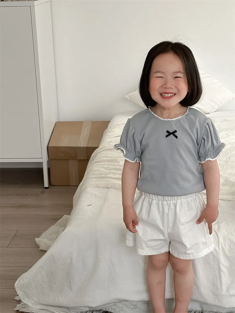 T2609 Girls' Cotton Lace Hollow Base T-shirt Short Sleeve Sweet Underwear Top for Children