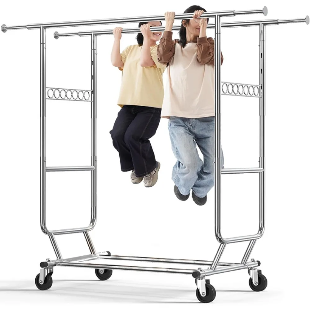 Heavy-duty drying rack Clothing store display Simple hanging rack Floor-to-ceiling movable folding coat rack Parallel bars