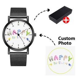 Ultra Thin Dial Stainless Steel Mesh Strap Quartz Watch for Men and Women DIY Photo Pet Cartoon Anniversary Gift Watch