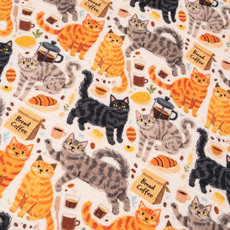 Bedruckter Kreppstoff aus Reiner Baumwolle, Doppellagiges Garn, Niedliche Katzen- und Apfelmotive für Halloween, Weich für DIY-Näharbeiten, Pyjamas, Kleidung, Tischdecken – Detail 5