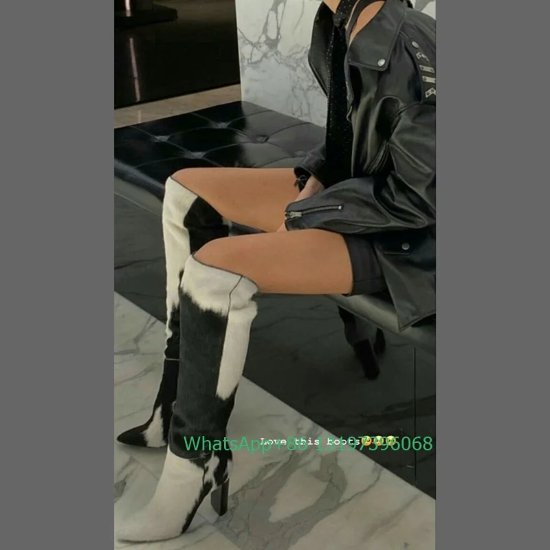 

Lady white black T SHOW knee boots sexy pointed toe design heel luxury footwear size 46 mix color boots party sexy pumps boots