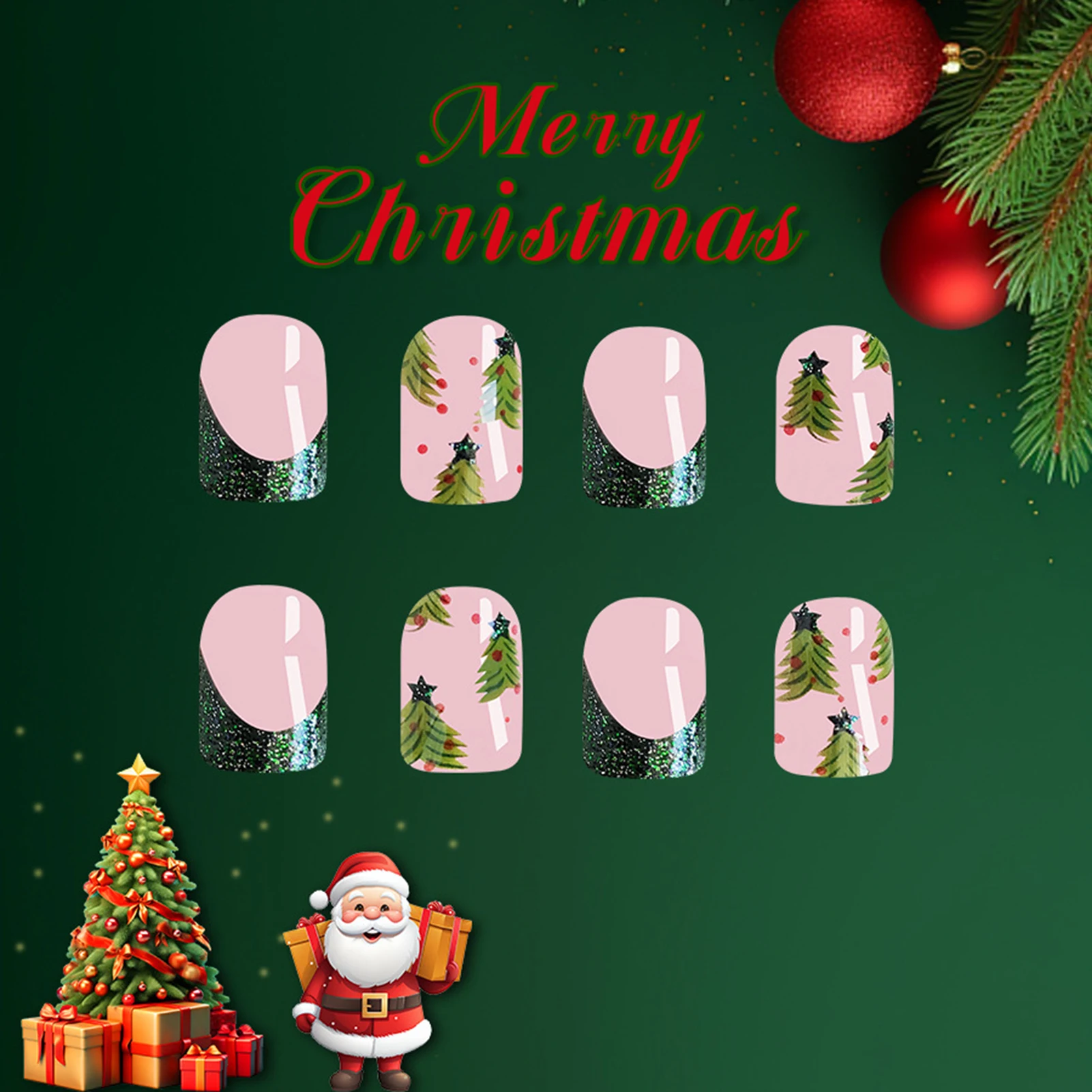 Pressione Unhas postiças com desenhos de Natal Árvore Padrão, Wearable Unhas Francesas, Glitter Pink, verde escuro, Natal Dicas de unhas falsas, 24pcs