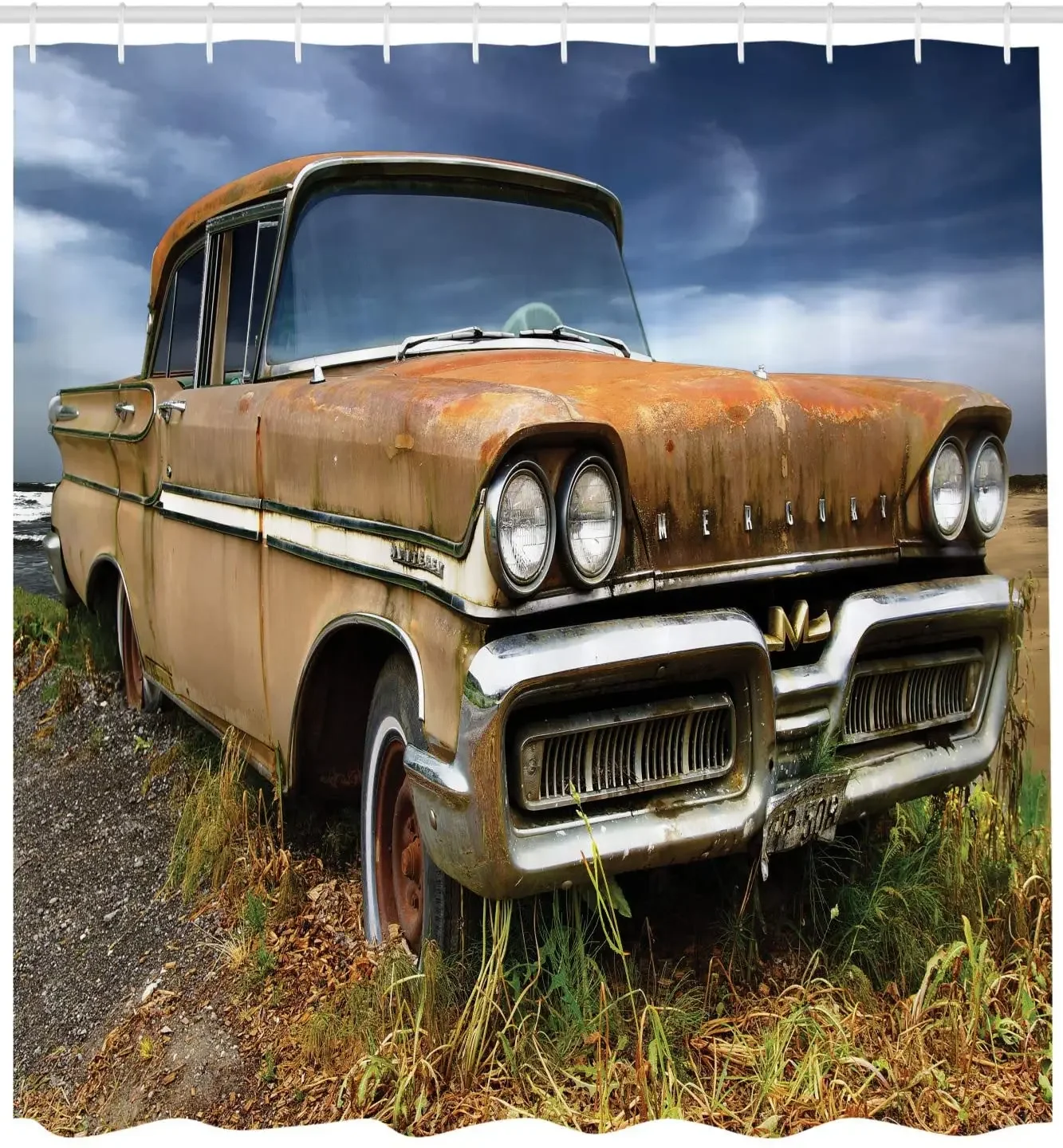 Picturesque Rural Landscape with Old Fashioned Rusty Abandoned Car Countryside Art Polyester Fabric Bathroom Shower Curtain