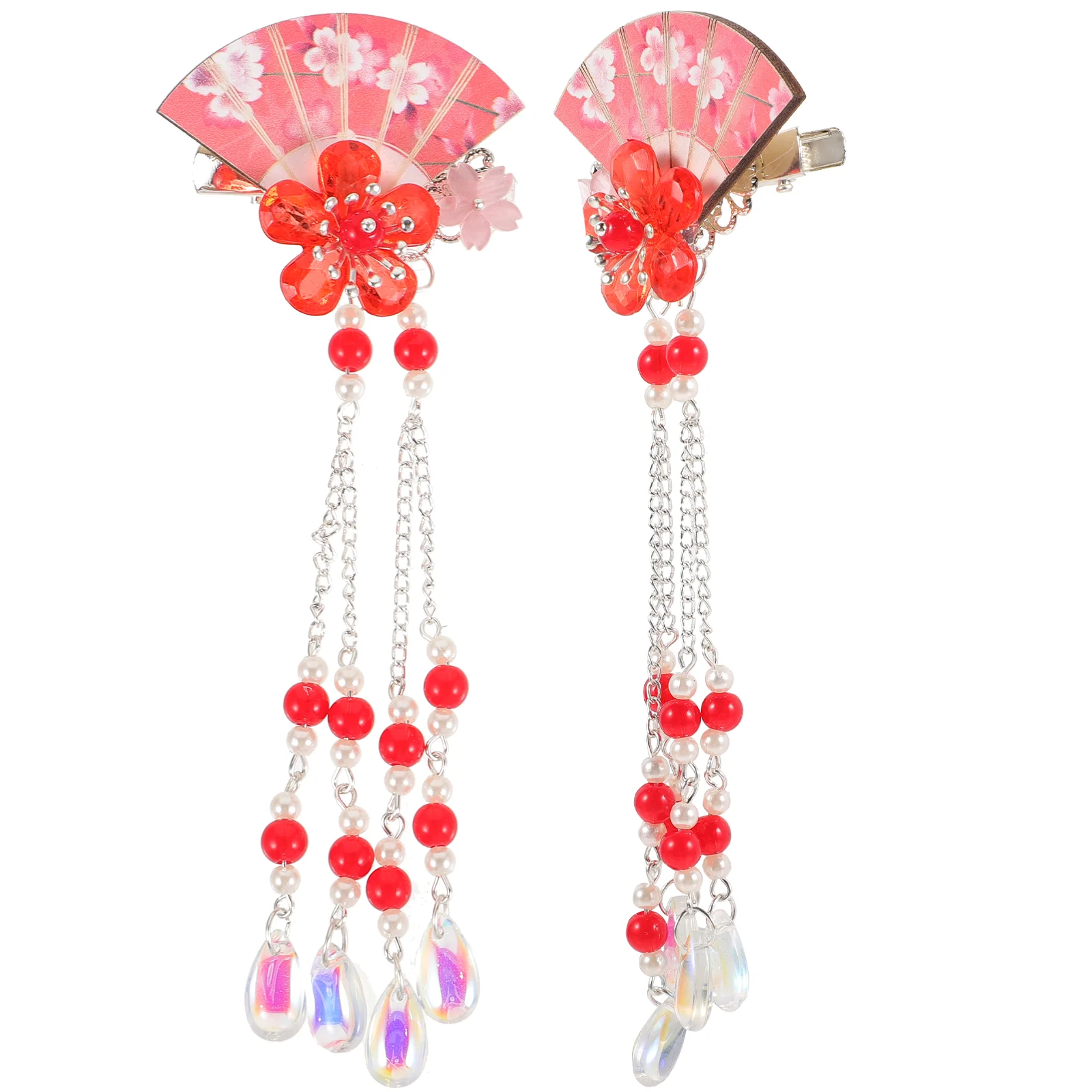 

2 Pcs Fan Hairpin Flower Barrette Barrettes Girl Clip Beaded Tassel Decor Miss