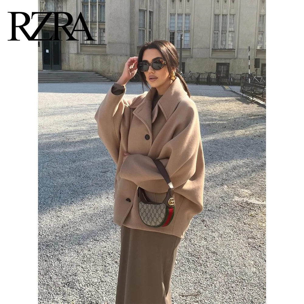 RZRA original women\'s clothing 2024 autumn and winter new bat sleeve loose lapel long sleeve wool blended short coat jacket