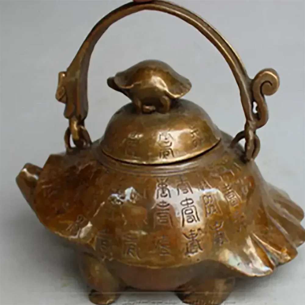 Antique Brass Copper Brass Teapot Ornaments Carved Turtle Stereo Brass Teapot Copper Kettle Pot Hand Pieceroom Art Statue